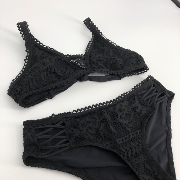 Becca by Rebecca Virtue Swim Two Piece Bikini Set Medium Black Crochet Strappy - Picture 2 of 13